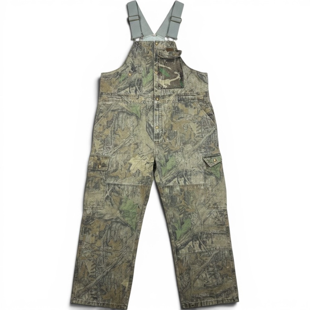 Vintage‎ 90s Cabelas Camo Bib Overalls XL Advantage Timber Workwear Distressed